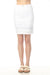 Woman wearing a white pencil denim skirt with fringe embroidered hem and built in shorts from Charlie B