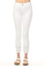 Woman wearing a white slim cropped jeans with fringe embroidered hem from Charlie B
