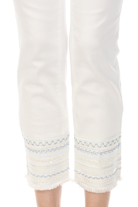 Charlie B White Slim Cropped Embroidered Hem Jeans C5640-615A