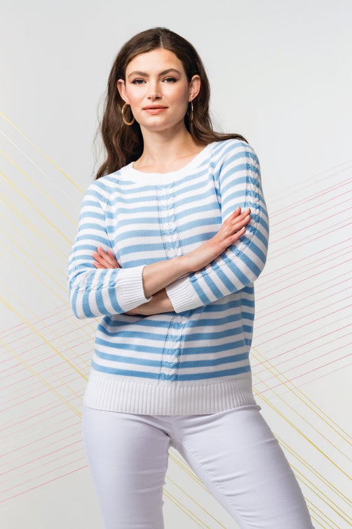 Elena Wang Style EW30093 Blue/White Stripe 3/4 Sleeve Cable-Knit Sweater Top