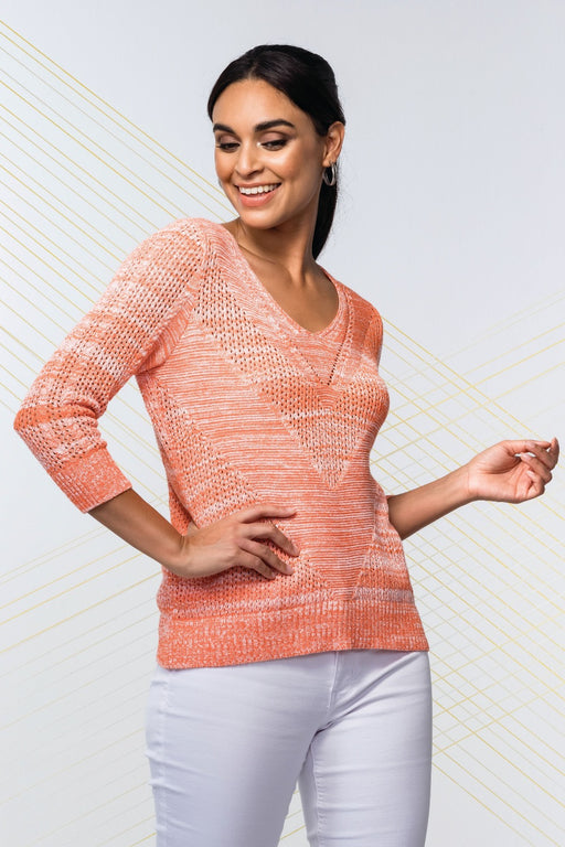 Elena Wang Style EW30020 Orange 3/4 Sleeve Open Knit Sweater Top