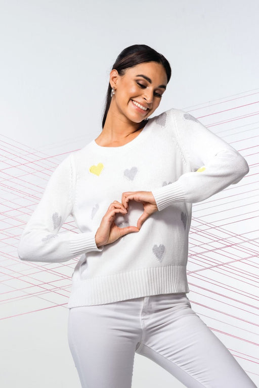 Elena Wang Style EW30078 White Heart Pattern Long Sleeve Knitted Sweater Top