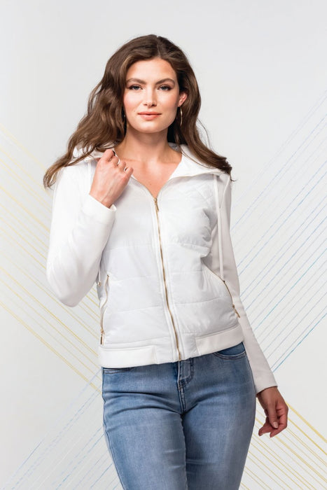 Elena Wang Style EW30125 White Quilted Zip-Up Hooded Athleisure Puffer Jacket