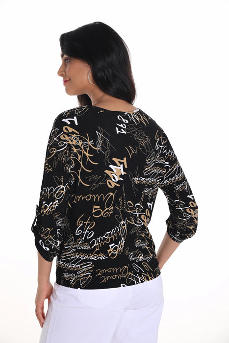 Frank Lyman Black/Beige Text Print 3/4 Sleeve Knit Top 251296
