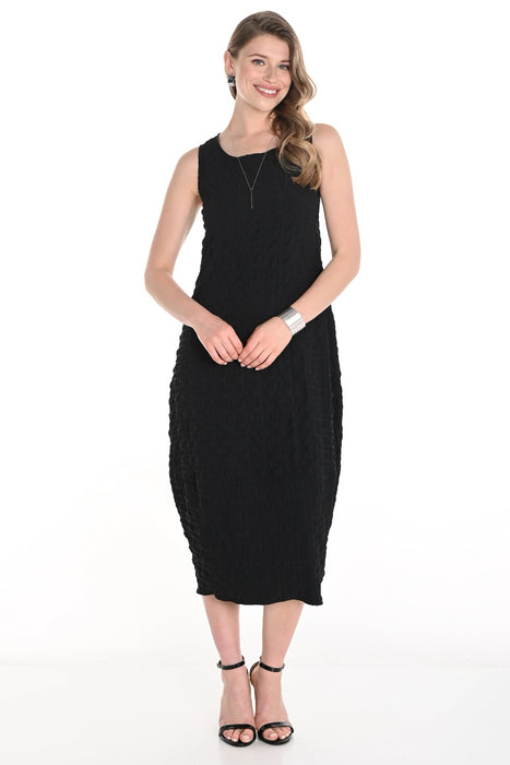 Woman wearing a black textured midi dress with round neck and sleeveless design from Frank Lyman