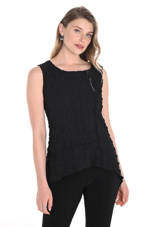 Woman wearing a black textured sleeveless top with zipper detail from Frank Lyman