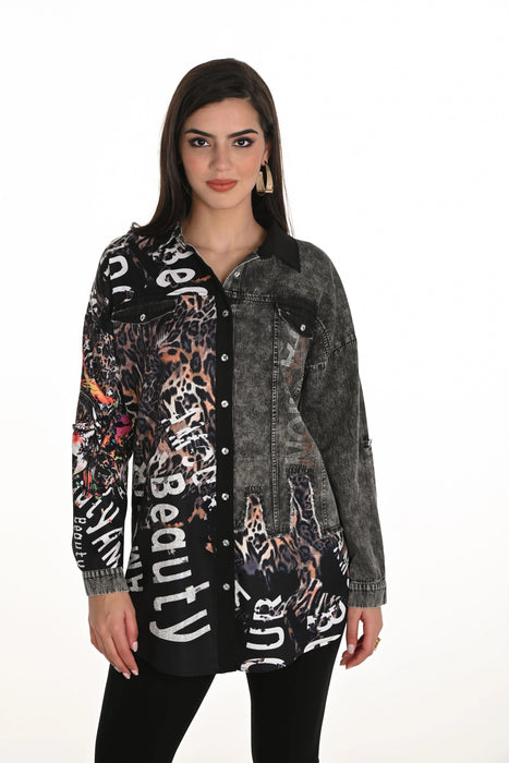 Frank Lyman Black/Cheetah Graphic Animal Print Shirt 253749