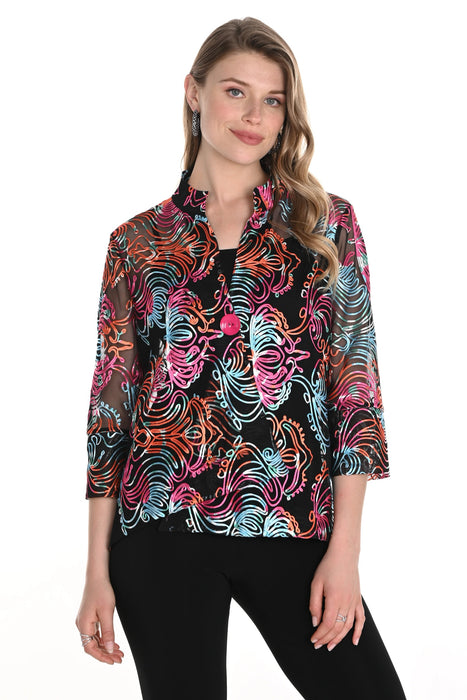 Woman wearing a colorful patterned black mesh jacket with 3/4 sleeves from Frank Lyman