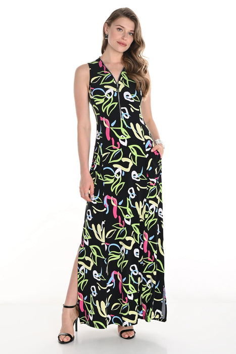 Woman wearing a black sleeveless A-Line maxi dress with colorful doodle pattern from Frank Lyman