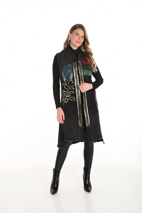 Frank Lyman Black/Multi Sleeveless Long Denim Vest 253762