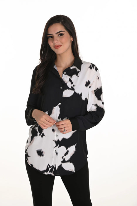 Frank Lyman Black/Off-White Embellished Floral Shirt 253814