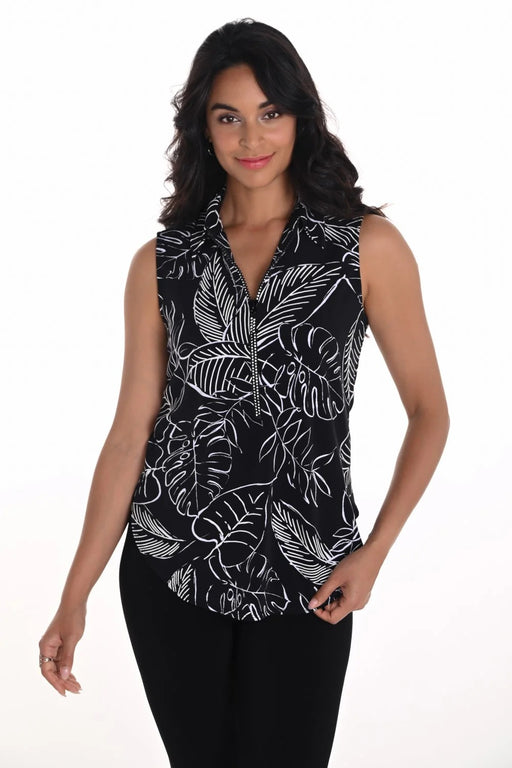 トップス mumeiman Buy Frank Lyman Black/Off-White Tropical Rhinestone Zip Front Top