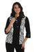 Woman wearing a black and white zebra patterned jacket with 3/4 sleeves from Frank Lyman
