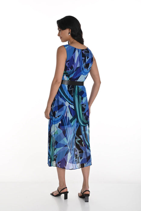Frank Lyman Blue/Multi Floral Pleated Chiffon Belted Midi Dress 256324