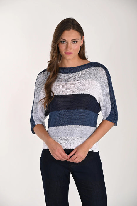 Frank Lyman Blue/White Striped Boat Neck Sweater Knit Top 261668