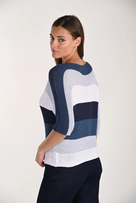 Frank Lyman Blue/White Striped Boat Neck Sweater Knit Top 261668