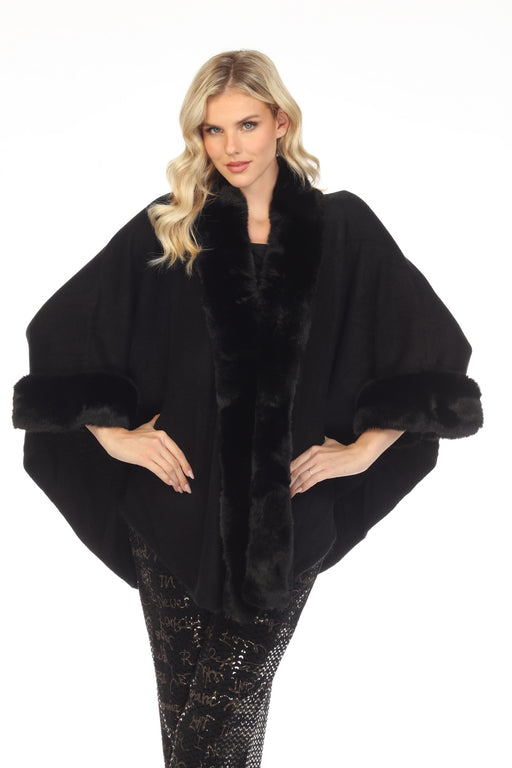 Frank Lyman Design Style 223445U Black Faux Fur Trim Knitted Cape Poncho 