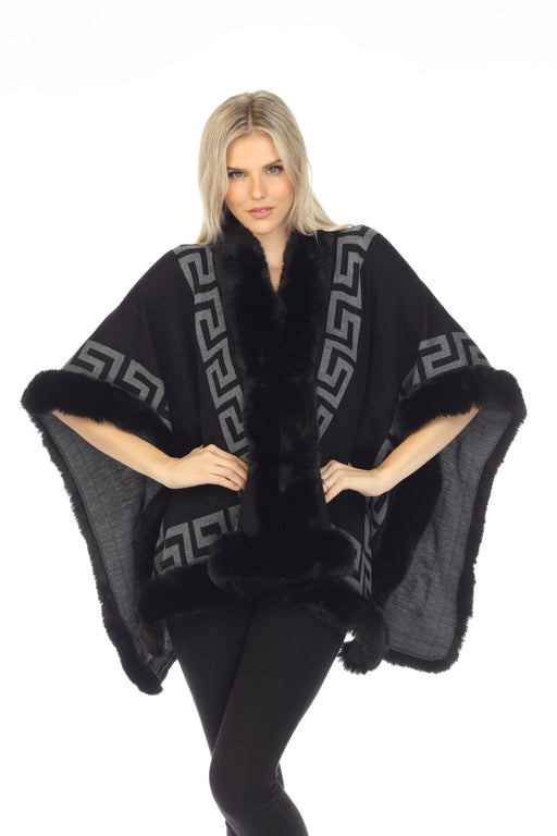 Frank Lyman Design Style 223446U Black/Grey Meander Print Faux Fur Trim Knitted Cape Poncho 