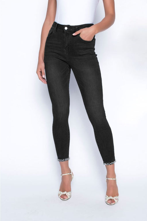 Frank Lyman Design Style 191116U Black Pearl Bow Accent High-Waist Cropped Jeans