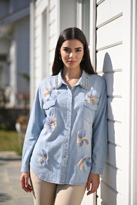 Frank Lyman Light Blue Sheer Floral Long-Sleeve Denim Shirt 266582