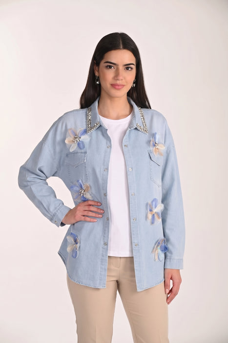 Frank Lyman Light Blue Sheer Floral Long-Sleeve Denim Shirt 266582