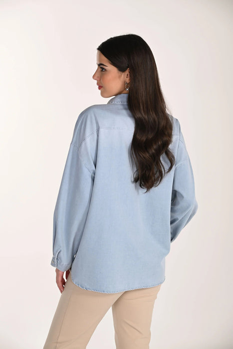 Frank Lyman Light Blue Sheer Floral Long-Sleeve Denim Shirt 266582