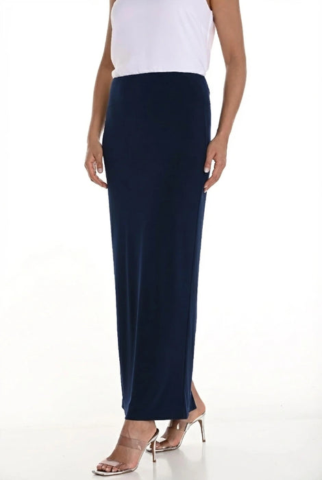 Long dark blue pencil skirt with high waist and back slit from Frank Lyman
