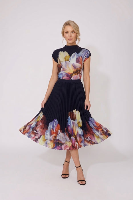 Frank Lyman Midnight/Multi Pleated Floral Midi Skirt 266552