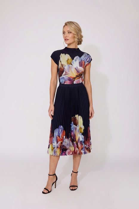 Frank Lyman Midnight/Multi Pleated Floral Midi Skirt 266552