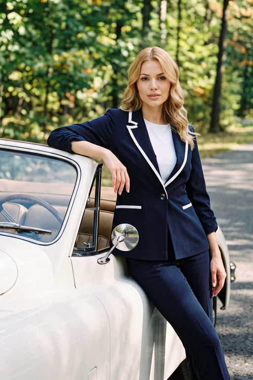 A woman wearing a navy blue tailored blazer with white piping trim from Frank Lyman