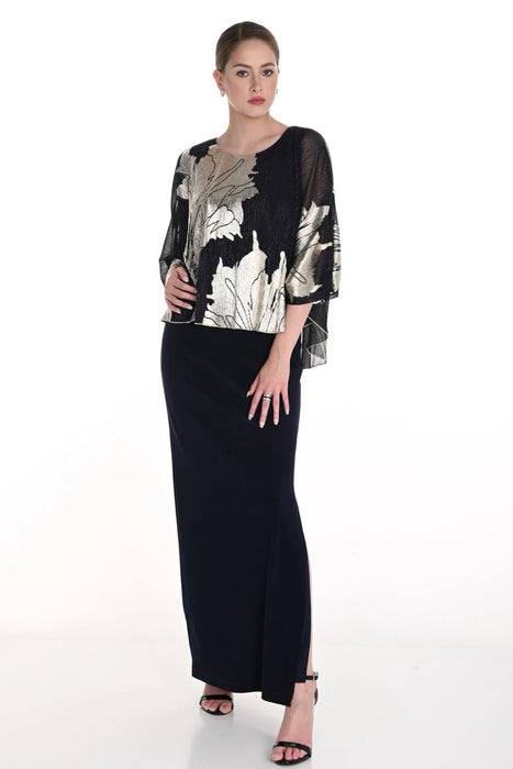 Woman wearing a dark blue long evening dress with floral metallic chiffon overlay from Frank Lyman