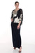 Woman wearing a dark blue long evening dress with floral metallic chiffon overlay from Frank Lyman