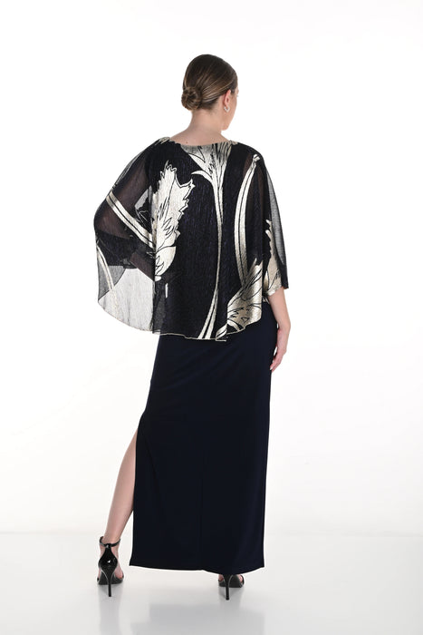 Frank Lyman Navy/Gold Metallic Floral Chiffon Overlay Evening Dress 258325