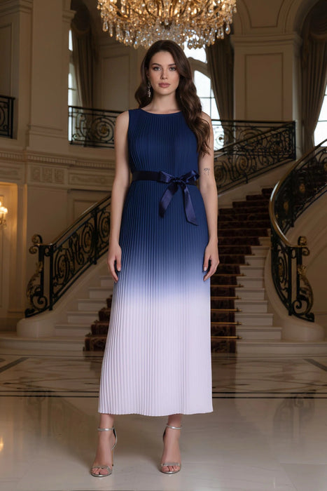 Frank Lyman Navy/Off-White Ombré Pleated Long Dress 258149