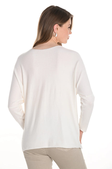 Frank Lyman Off-White Embellished V-Neck Pullover Knit Top 256732U