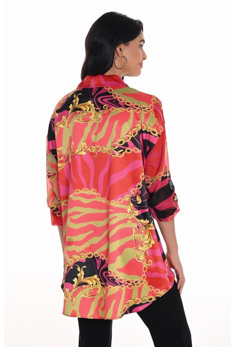 Frank Lyman Pink/Red Mix Print High Low Blouse 251216