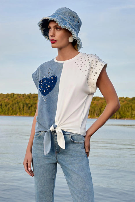 Frank Lyman White/Blue Heart Embellished Pullover Top 266550