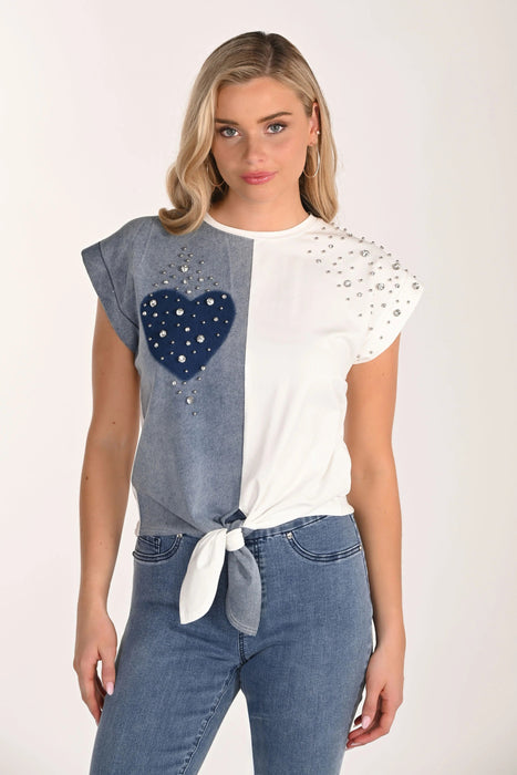 Frank Lyman White/Blue Heart Embellished Pullover Top 266550