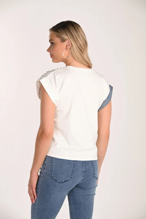 Frank Lyman White/Blue Heart Embellished Pullover Top 266550