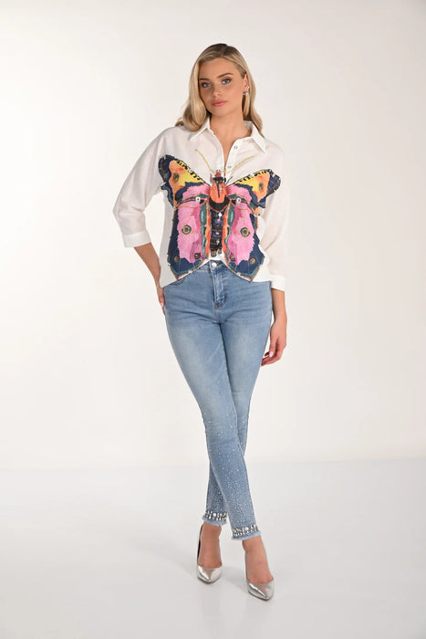 Frank Lyman White/Multi Jewel Embellished Butterfly Shirt 266567