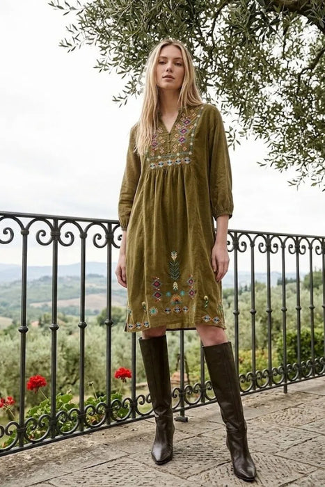 Johnny Was Button Front Yoke Dress W35825-6 Floral Embroidery — AfterRetail