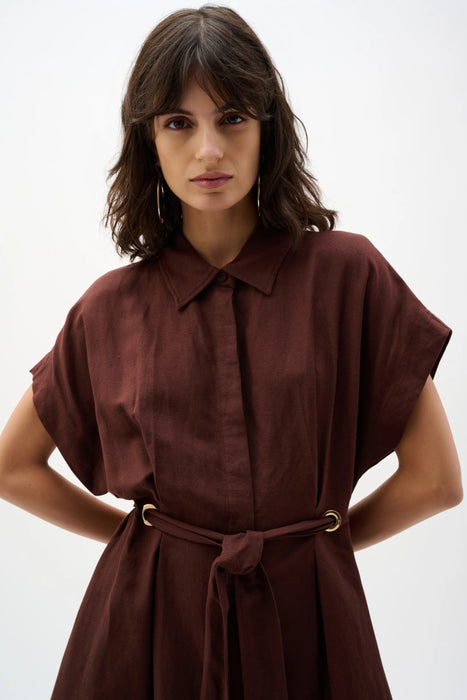 Joseph Ribkoff Mahogany Belted Linen Midi Fit and Flare Dress 262907