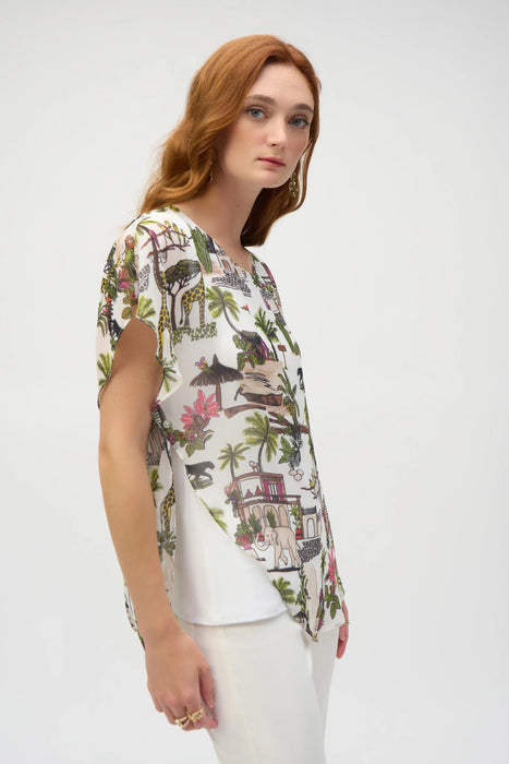 Joseph Ribkoff Vanilla/Multi Tropical Print Poncho Style Top 252228