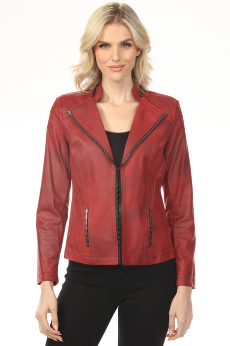 Woman wearing red vegan leather jacket with zipper trim and long sleeves from Insight New York