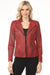 Woman wearing red vegan leather jacket with zipper trim and long sleeves from Insight New York