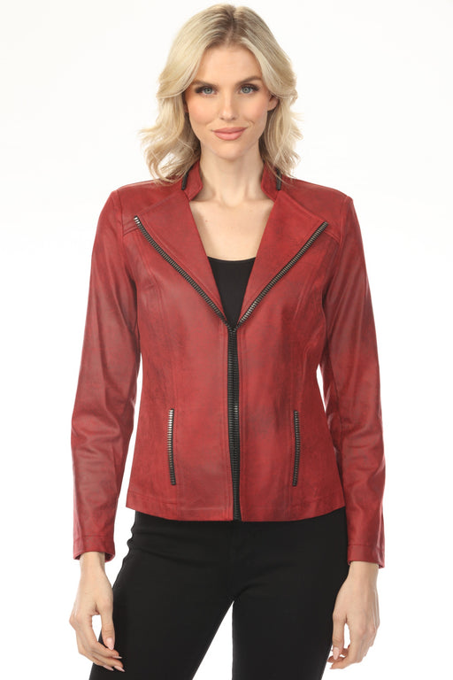 Woman wearing red vegan leather jacket with zipper trim and long sleeves from Insight New York