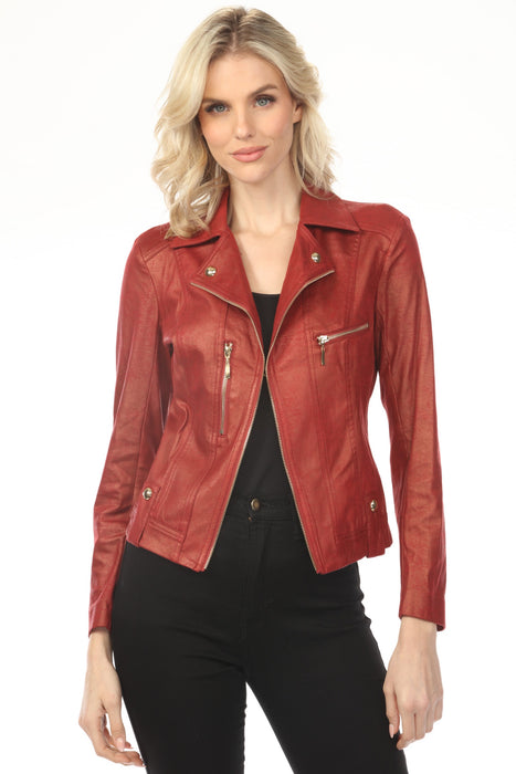 Woman wearing a red vegan leather moto jacket with zipper trim and grommet accent from Insight New York
