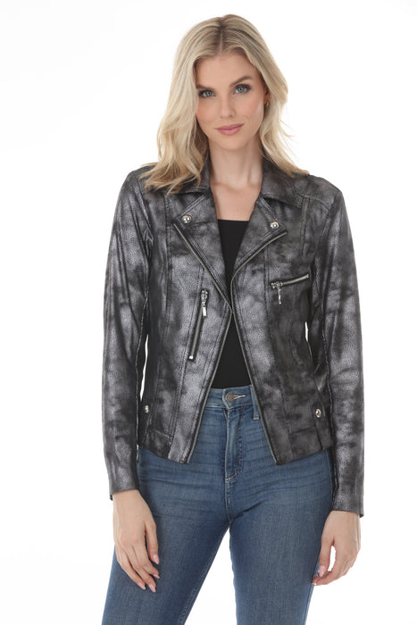 Woman wearing the Insight New York Liquid Dark Silver Clouds Moto Jacket with metallic faux vegan leather, a cropped hourglass silhouette, silver hardware, and asymmetric zipper.