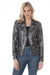 Woman wearing the Insight New York Liquid Dark Silver Clouds Moto Jacket with metallic faux vegan leather, a cropped hourglass silhouette, silver hardware, and asymmetric zipper.