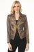 Woman wearing a snakeskin patterned vegan leather moto jacket with long sleeves from Insight New York